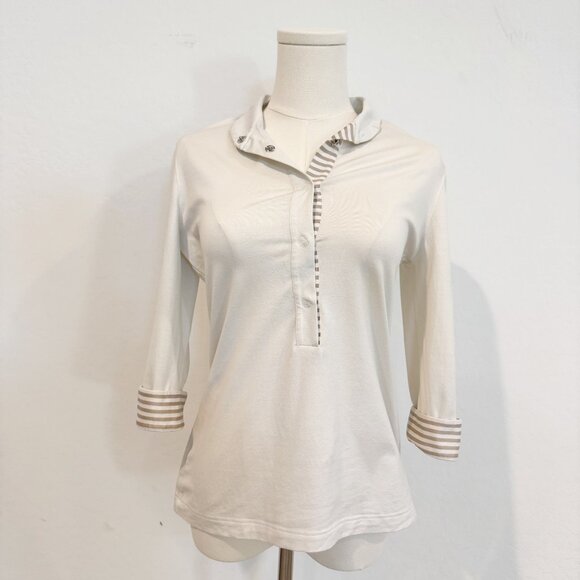Akris Punto Snap Front Popover 3/4 Sleeve Polo Shirt Blouse Stripes Top White 10 - Picture 2 of 8